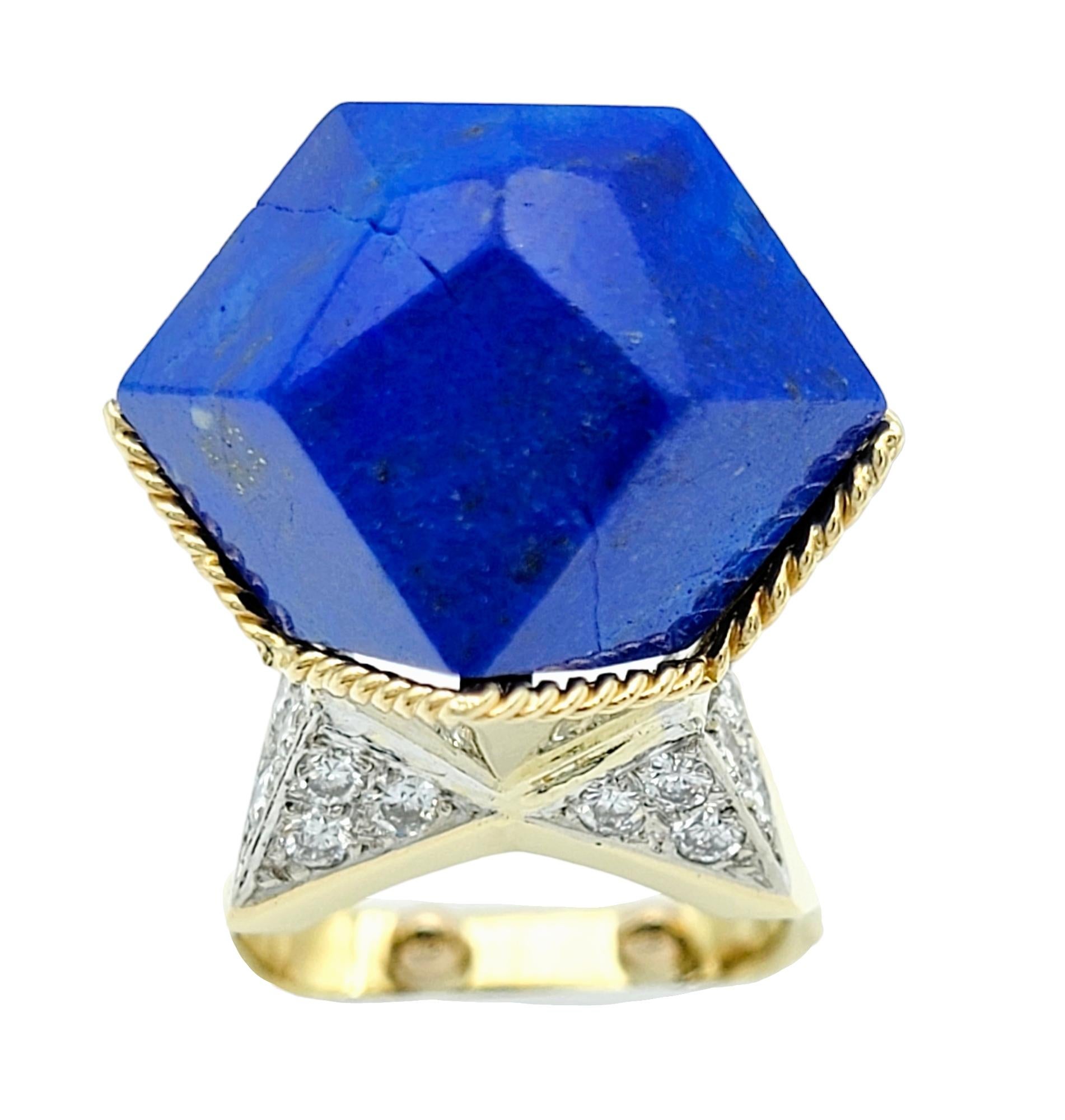 Contemporary Blue Polygon Lapis Lazuli and Diamond Cocktail Ring Set in 18 Karat Yellow Gold For Sale