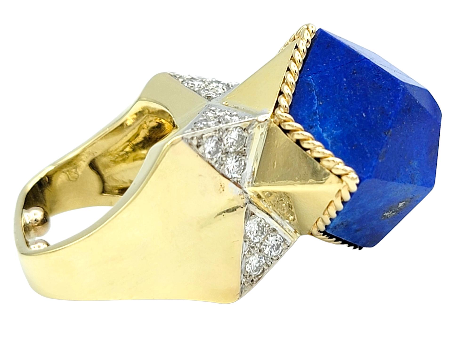 Round Cut Blue Polygon Lapis Lazuli and Diamond Cocktail Ring Set in 18 Karat Yellow Gold For Sale