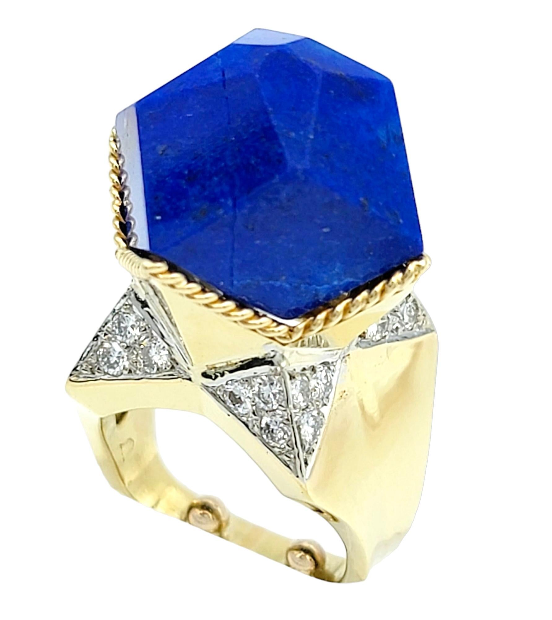 Blue Polygon Lapis Lazuli and Diamond Cocktail Ring Set in 18 Karat Yellow Gold In Fair Condition For Sale In Scottsdale, AZ