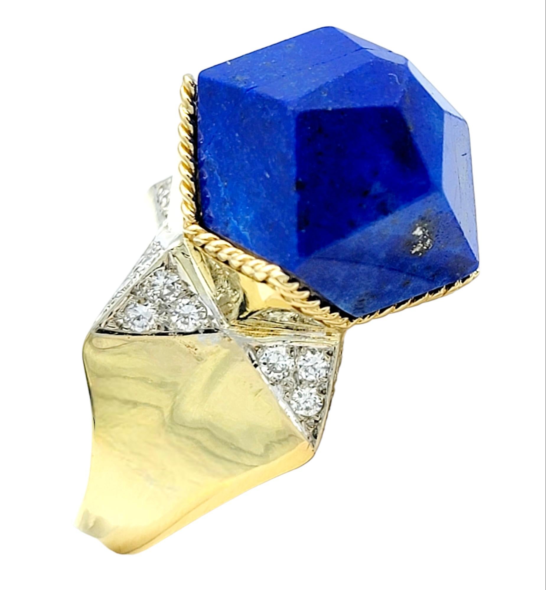 Women's Blue Polygon Lapis Lazuli and Diamond Cocktail Ring Set in 18 Karat Yellow Gold For Sale