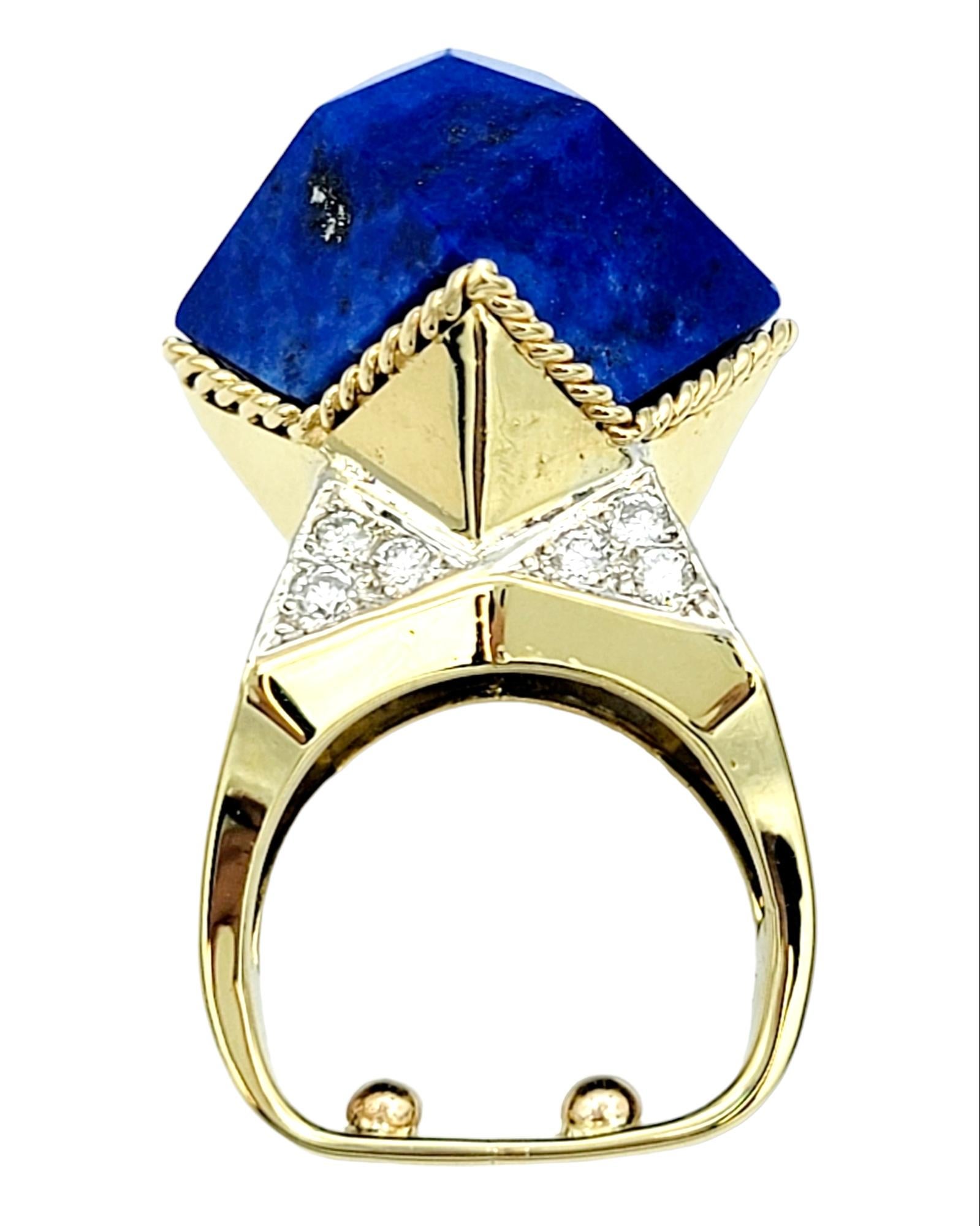 Blue Polygon Lapis Lazuli and Diamond Cocktail Ring Set in 18 Karat Yellow Gold For Sale 1
