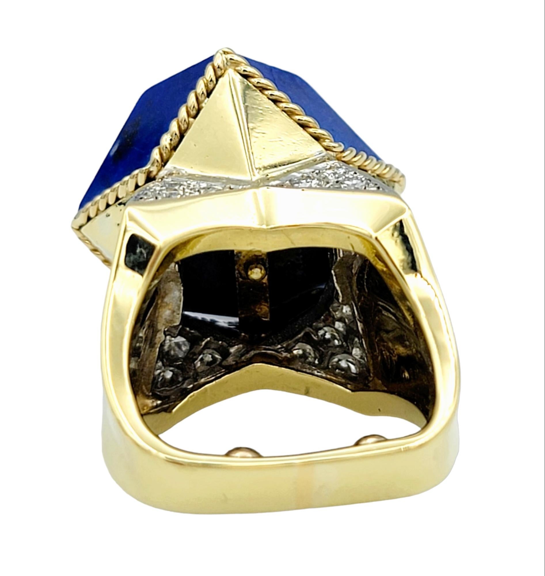 Blue Polygon Lapis Lazuli and Diamond Cocktail Ring Set in 18 Karat Yellow Gold For Sale 2