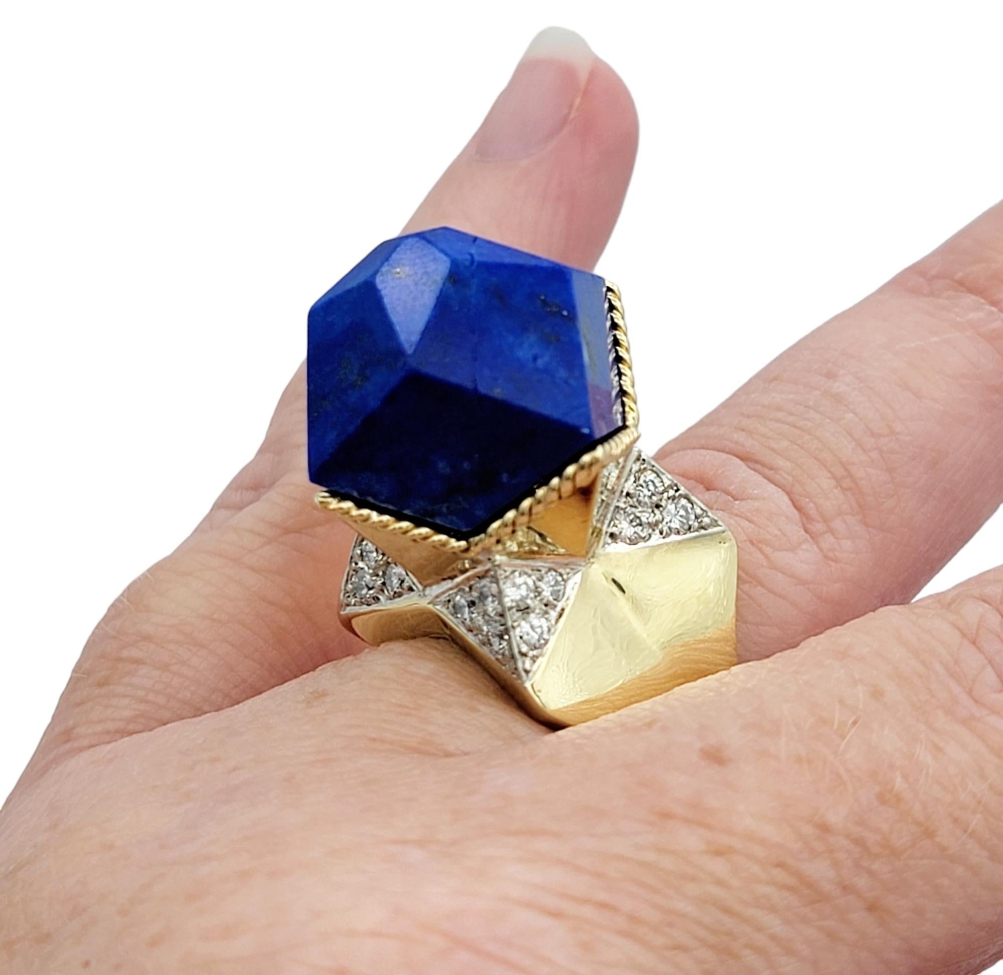 Blue Polygon Lapis Lazuli and Diamond Cocktail Ring Set in 18 Karat Yellow Gold For Sale 3