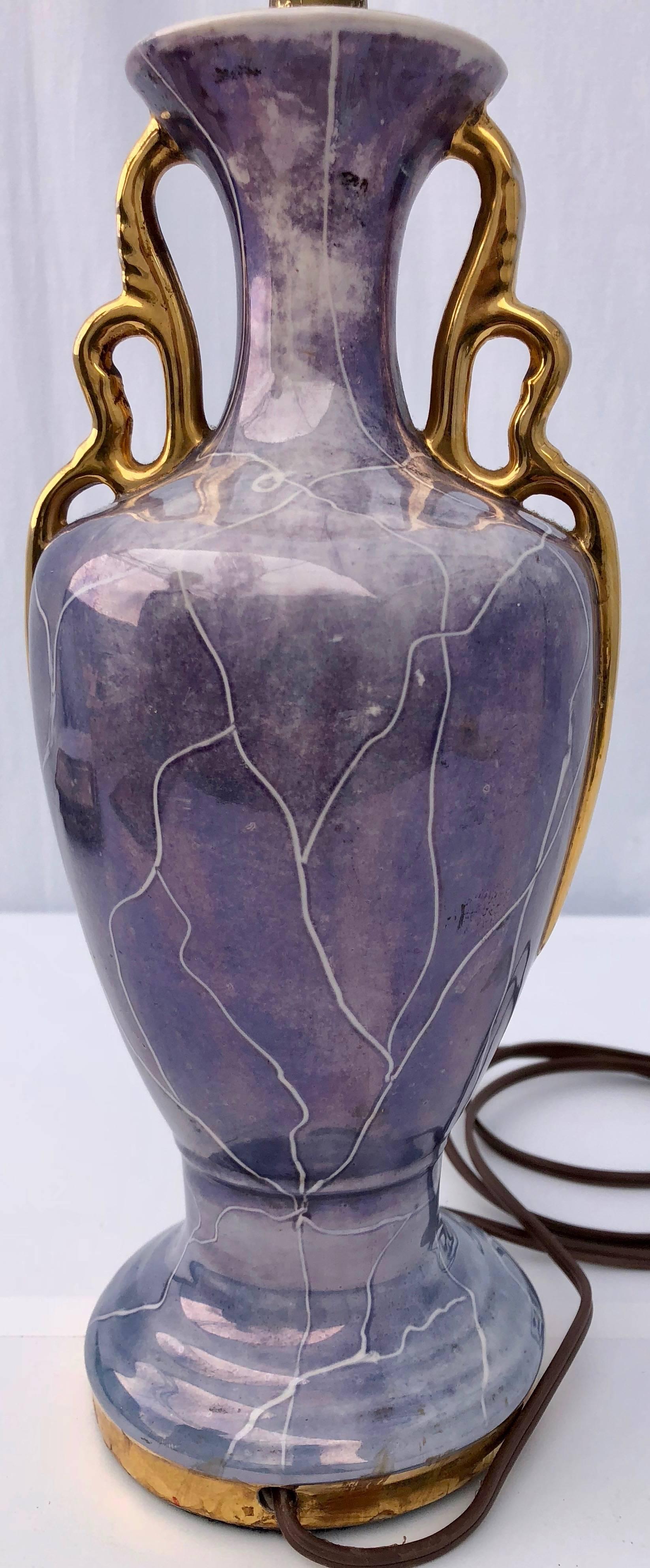 Art Nouveau Blue Porcelain Antique Lamp with a Pastoral Scene and Gold Trim For Sale