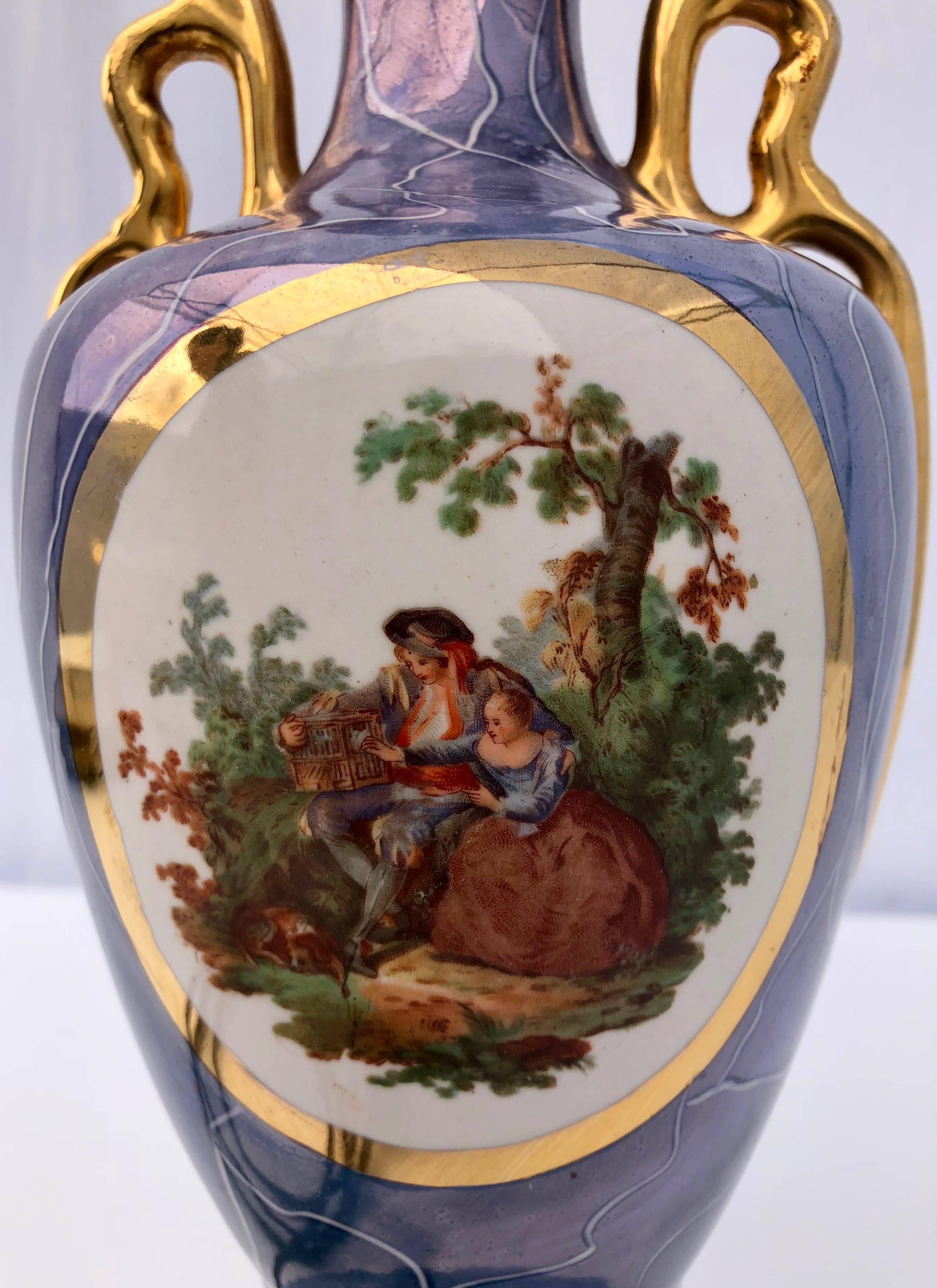 Blue Porcelain Antique Lamp with a Pastoral Scene and Gold Trim In Good Condition For Sale In Petaluma, CA