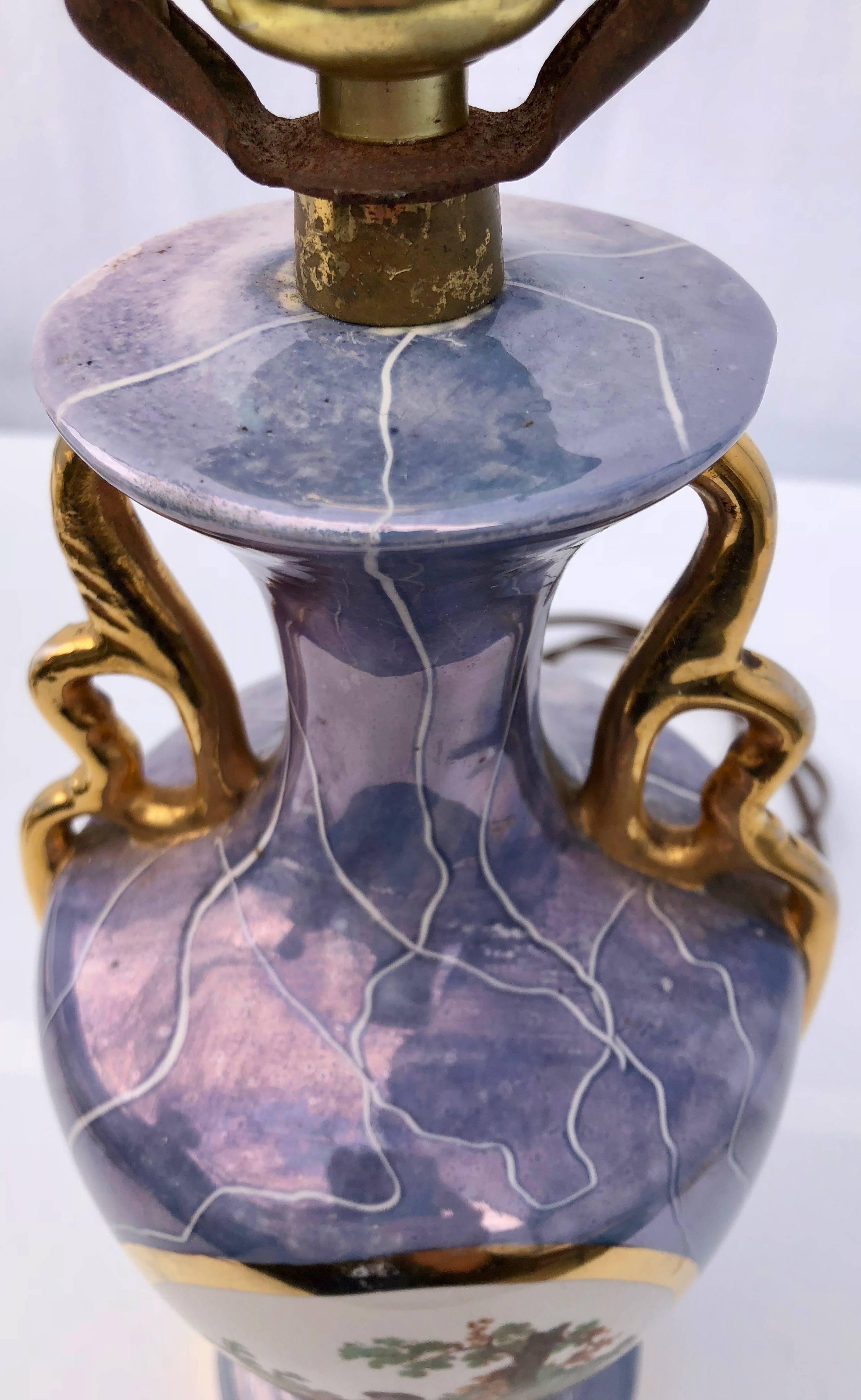 19th Century Blue Porcelain Antique Lamp with a Pastoral Scene and Gold Trim For Sale
