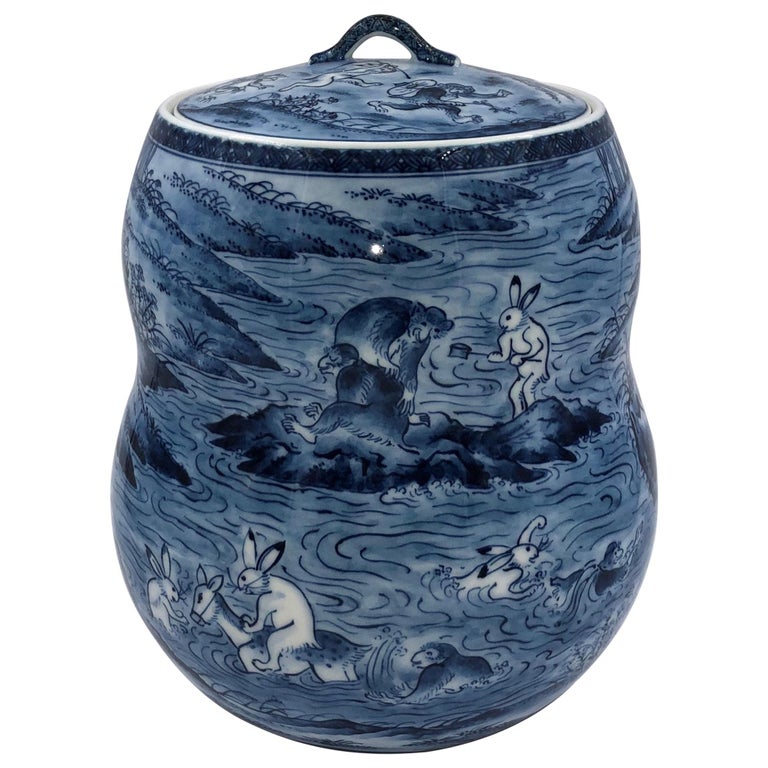 Blue Porcelain Mizusashi Jar by Japanese Contemporary Master Artist For Sale