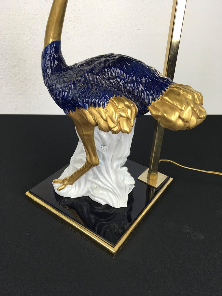 Blue Porcelain Ostrich Table Lamp, 1970s For Sale 7