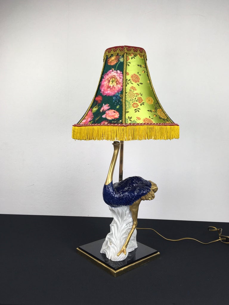 Blue Porcelain Ostrich Table Lamp, 1970s For Sale 8