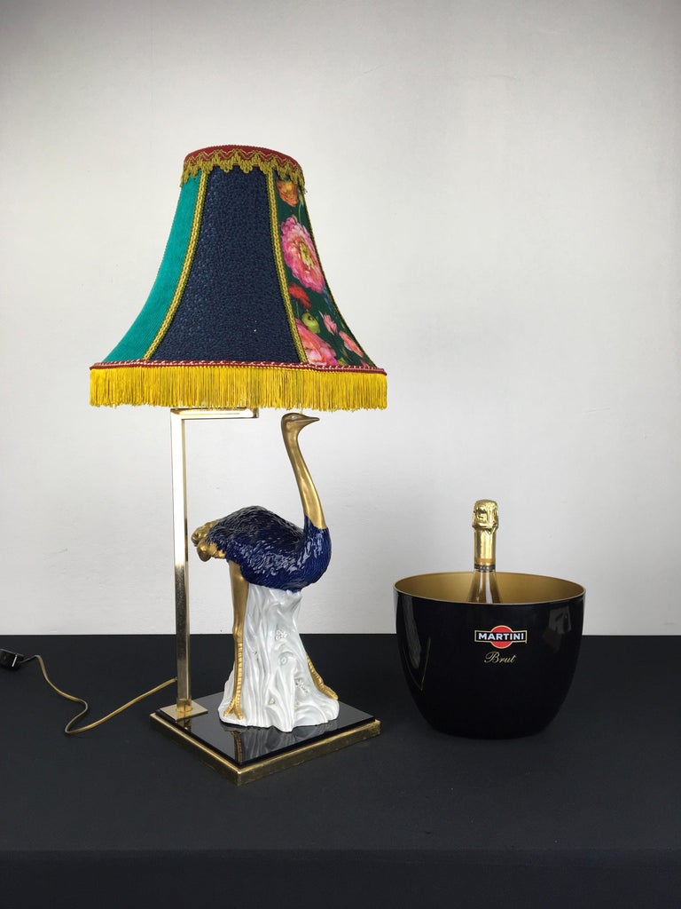 Blue Porcelain Ostrich Table Lamp, 1970s For Sale 12