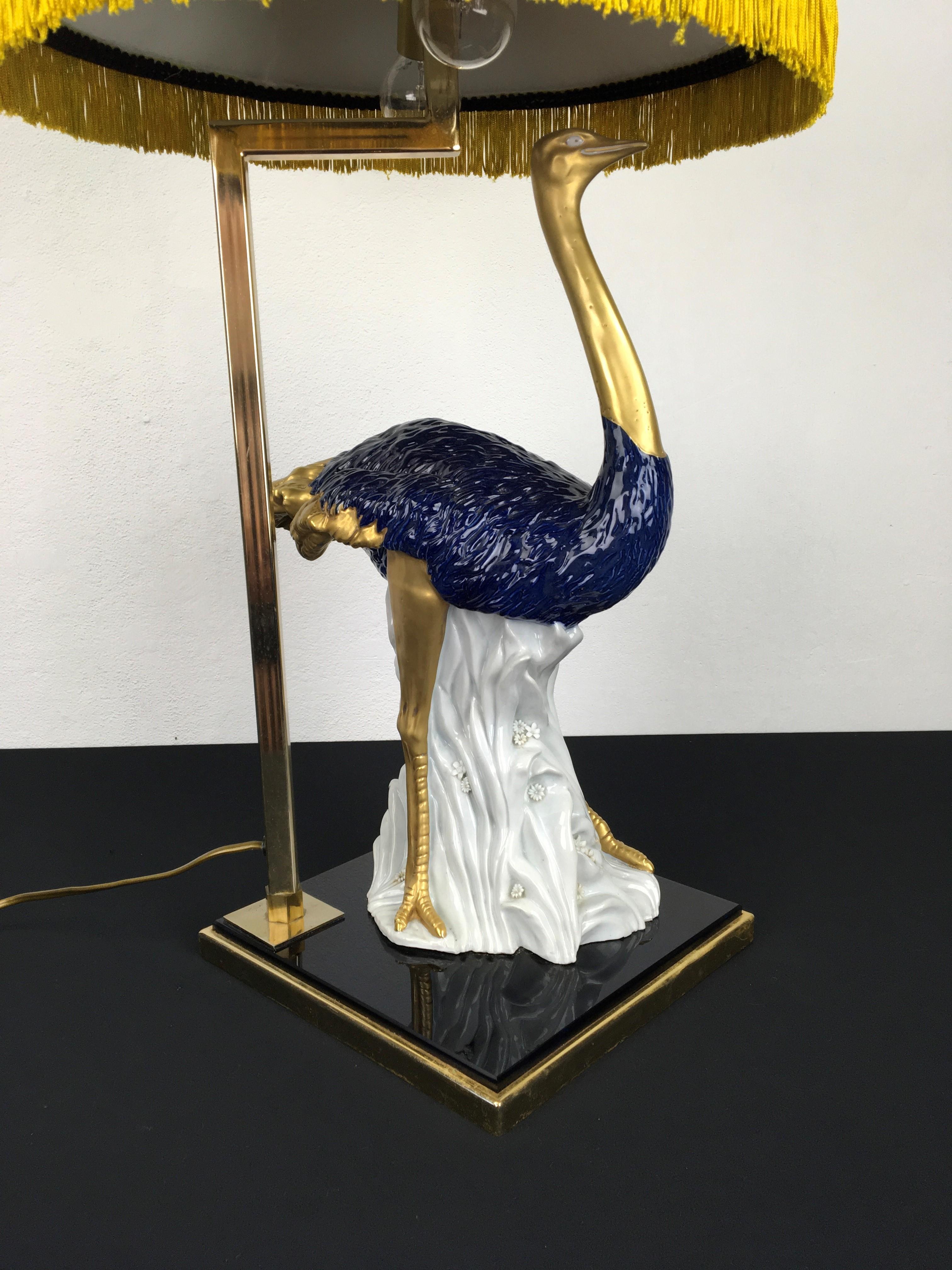 European Blue Porcelain Ostrich Table Lamp, 1970s For Sale