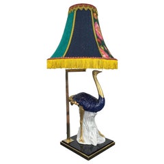 Lampe de bureau en porcelaine bleue à motif autruche, années 1970