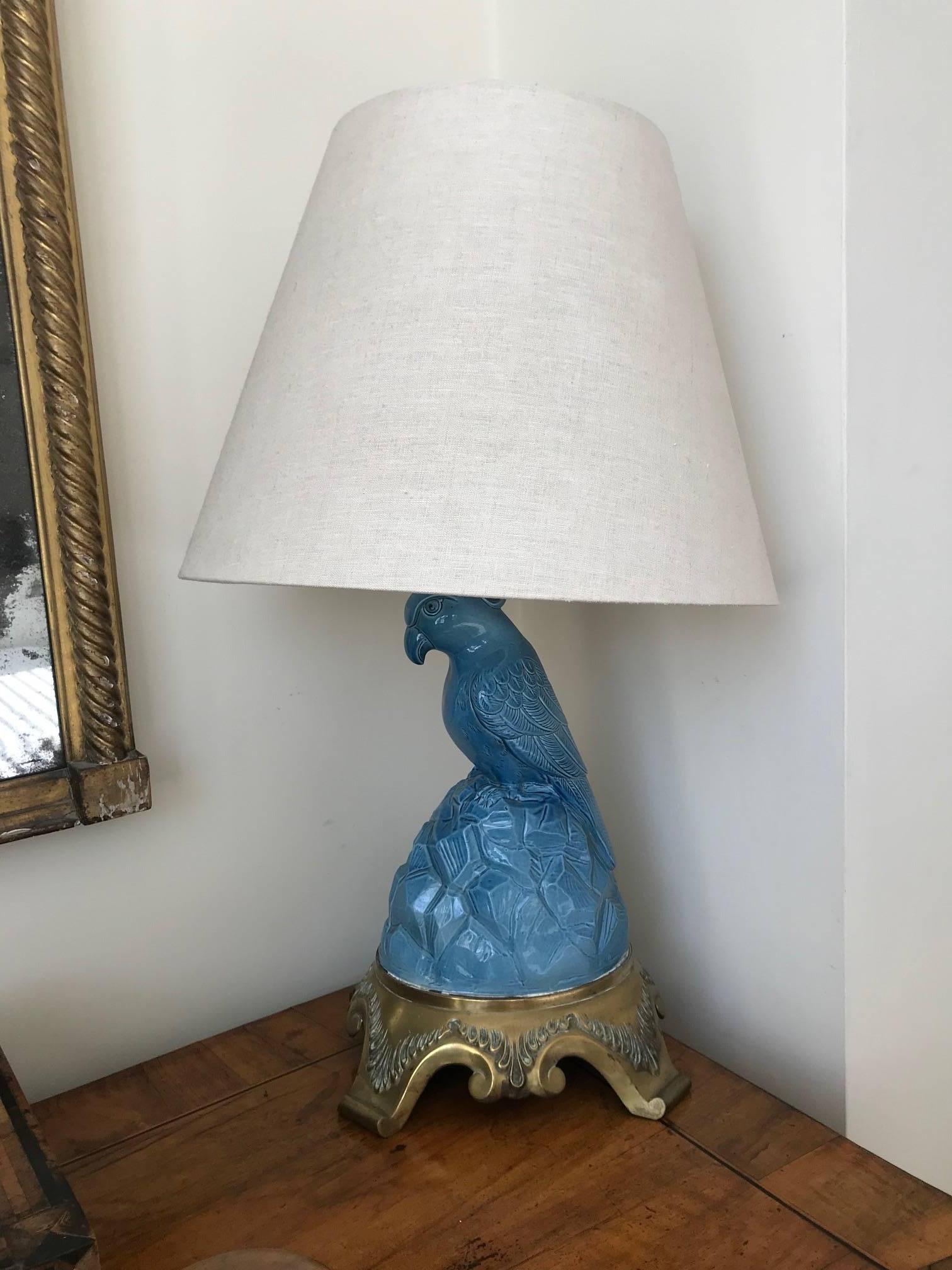 Blue Porcelain Parrot Lamp, circa 1930s 3