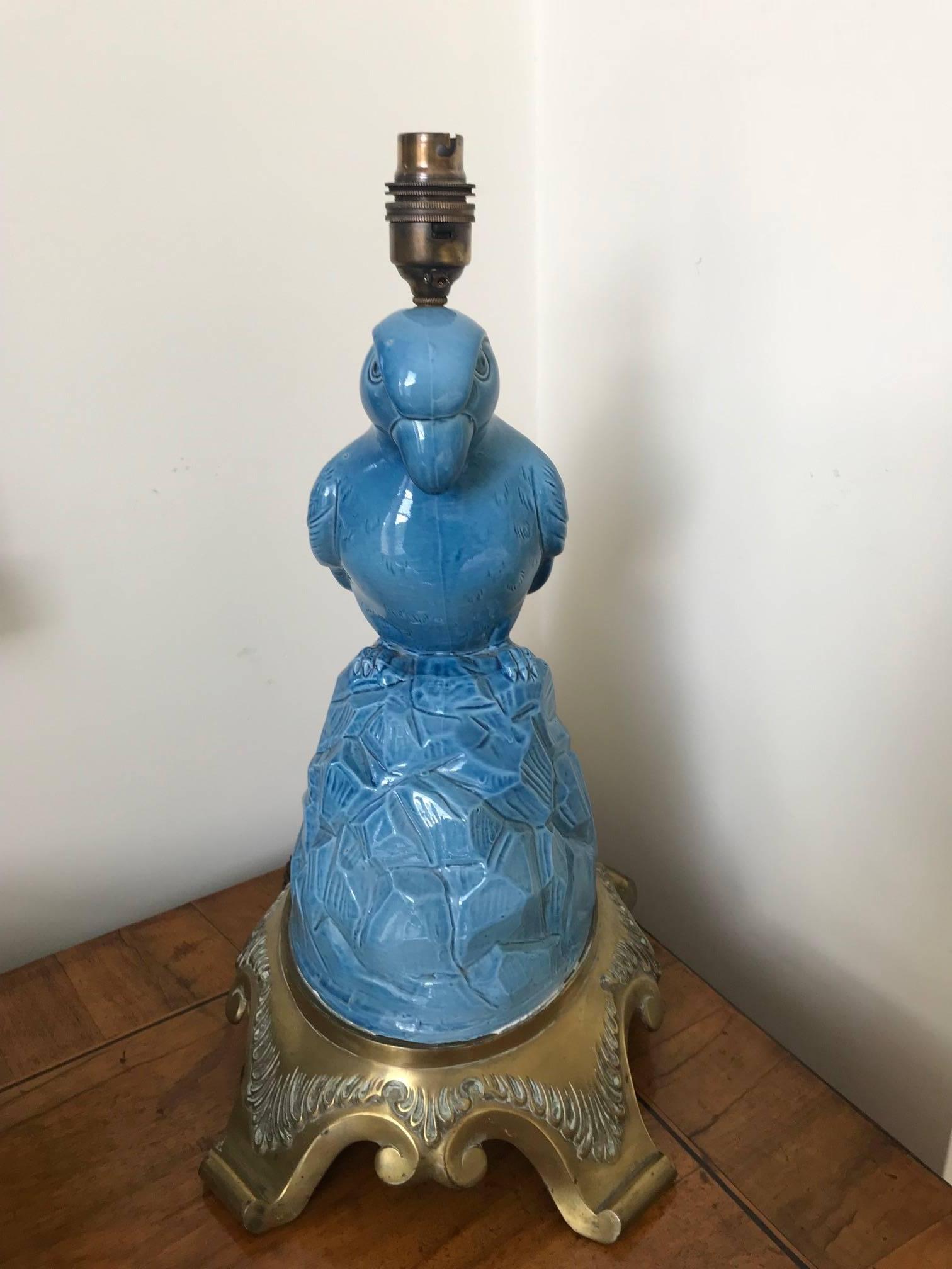 Art Deco Blue Porcelain Parrot Lamp, circa 1930s