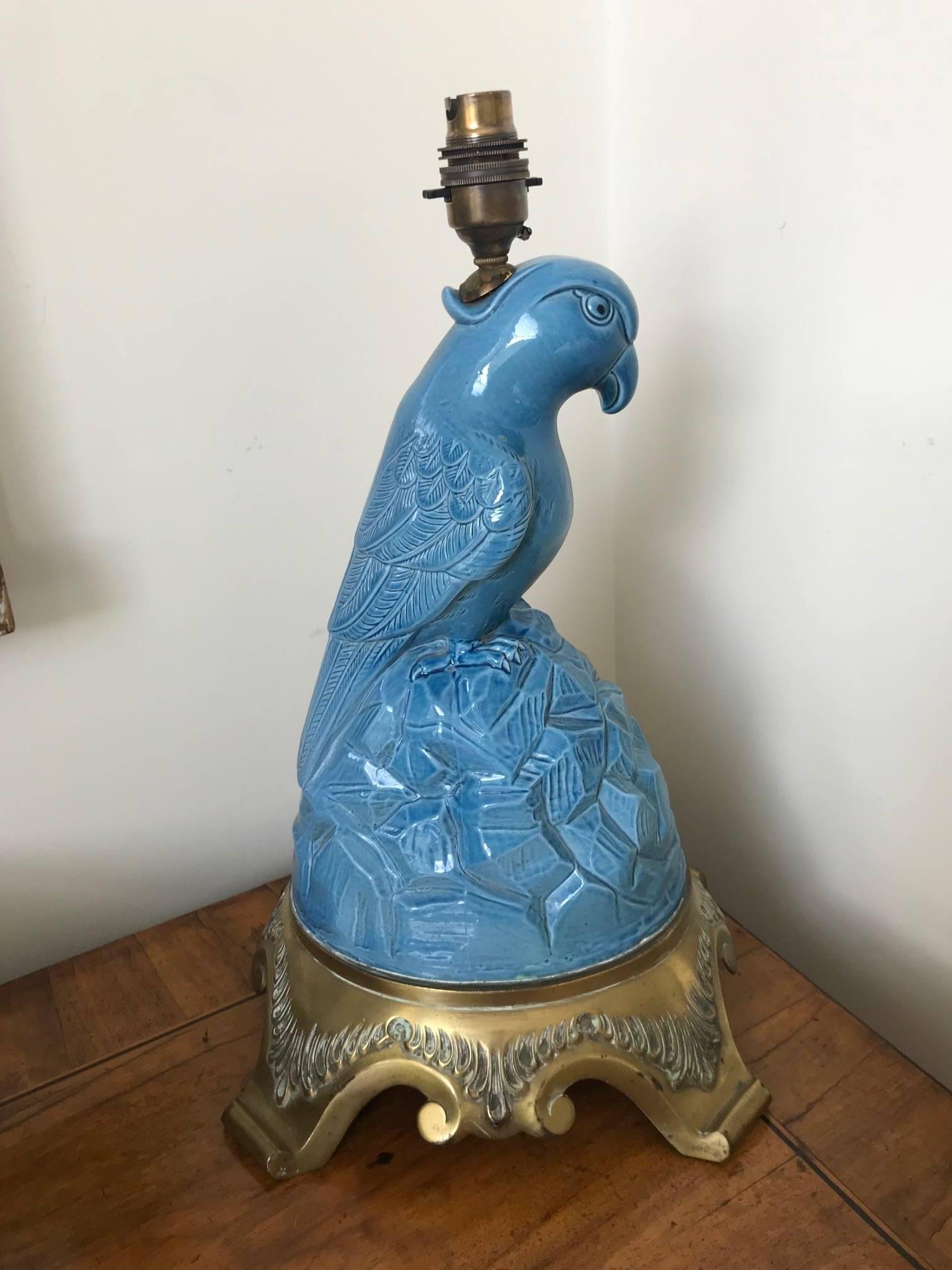 English Blue Porcelain Parrot Lamp, circa 1930s