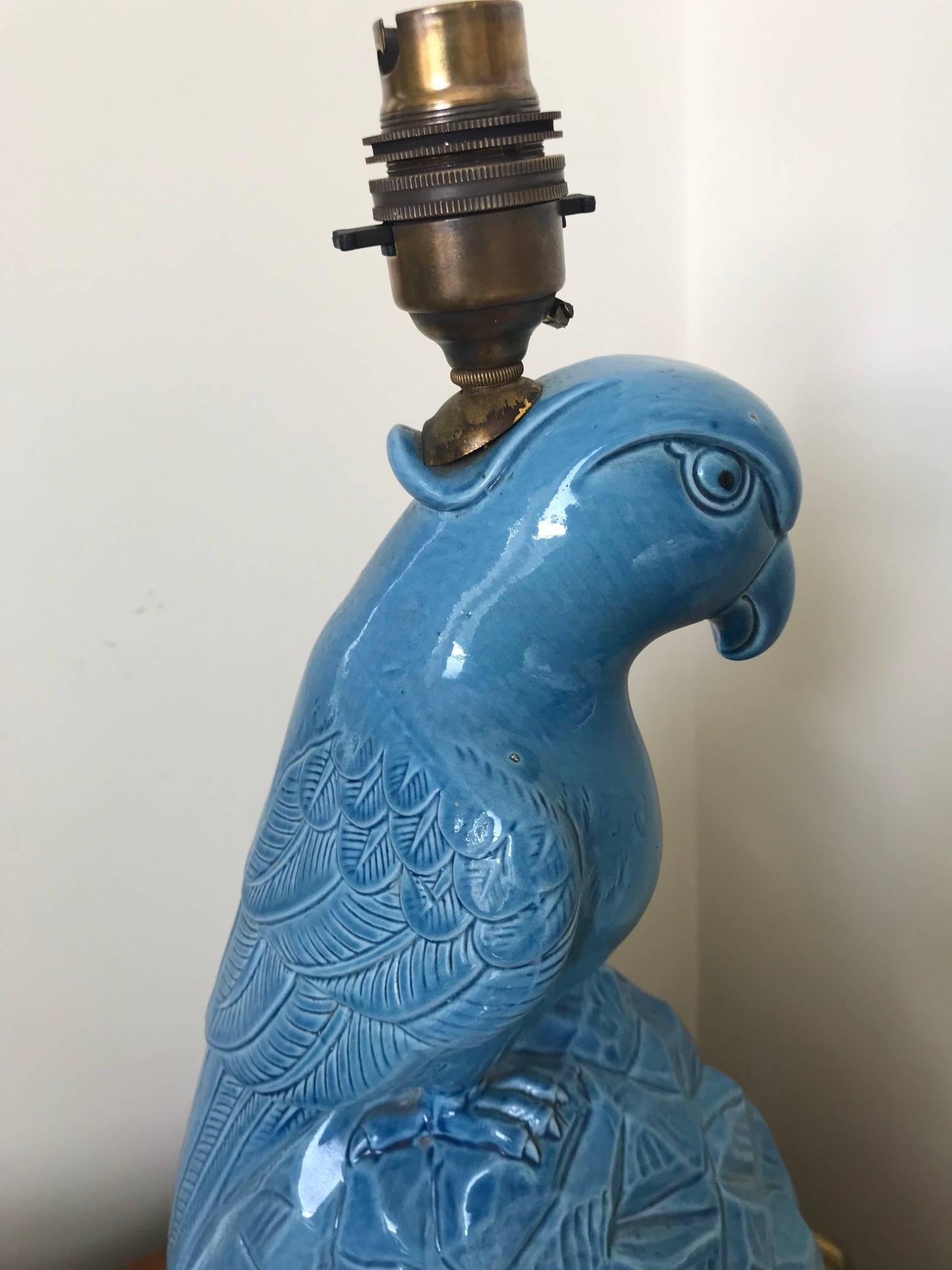 20th Century Blue Porcelain Parrot Lamp, circa 1930s