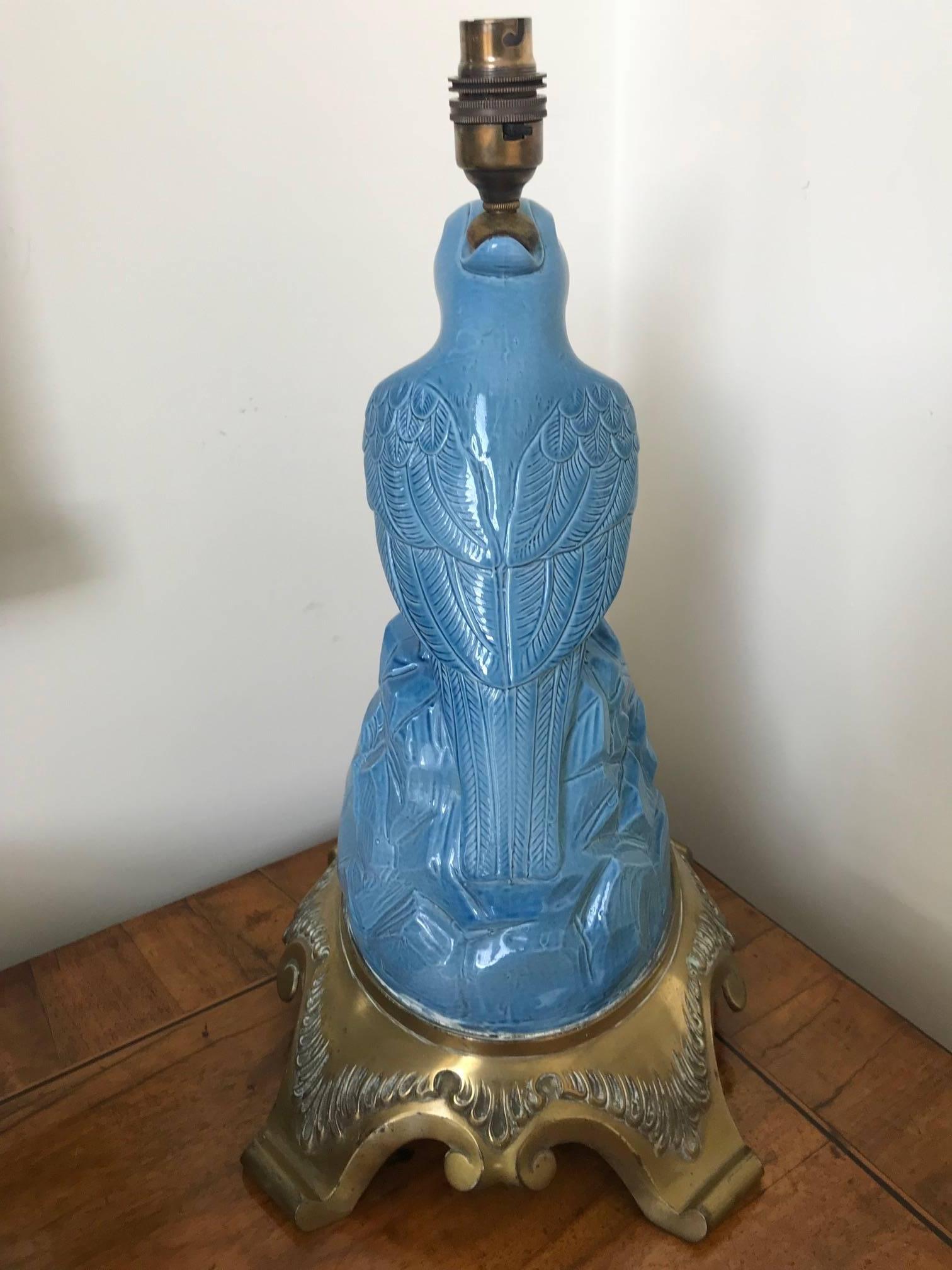 Blue Porcelain Parrot Lamp, circa 1930s 1