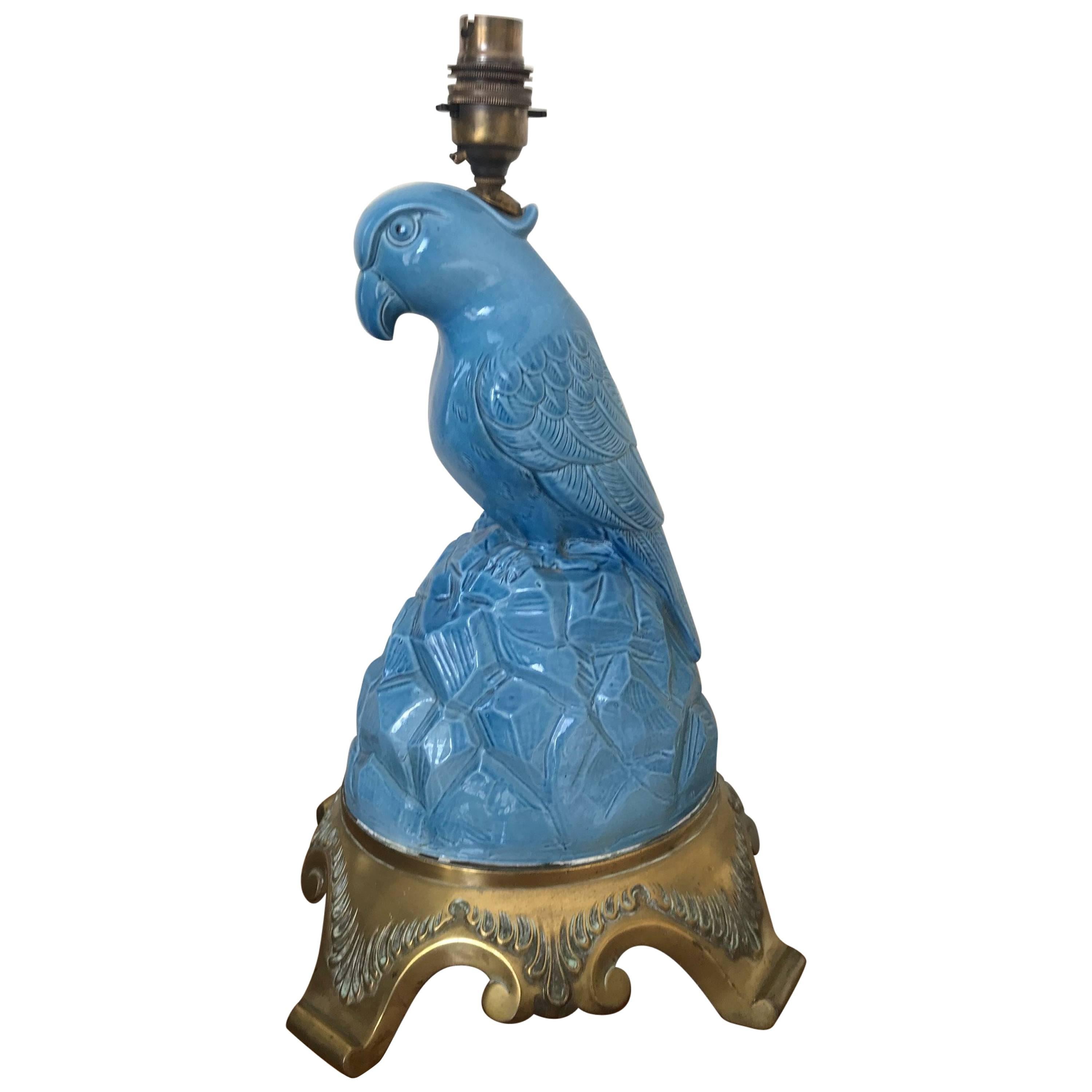 Blue Porcelain Parrot Lamp, circa 1930s