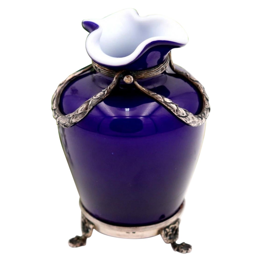 Blue porcelain pot with silver applications For Sale