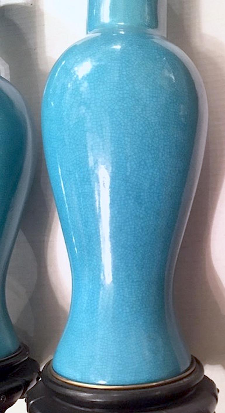 Blue Crackle Glaze Porcelain Lamps In Good Condition In New York, NY