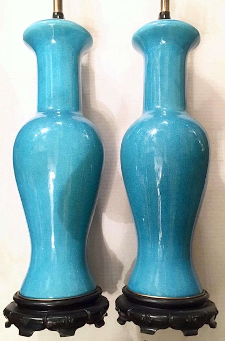 Mid-20th Century Blue Crackle Glaze Porcelain Lamps