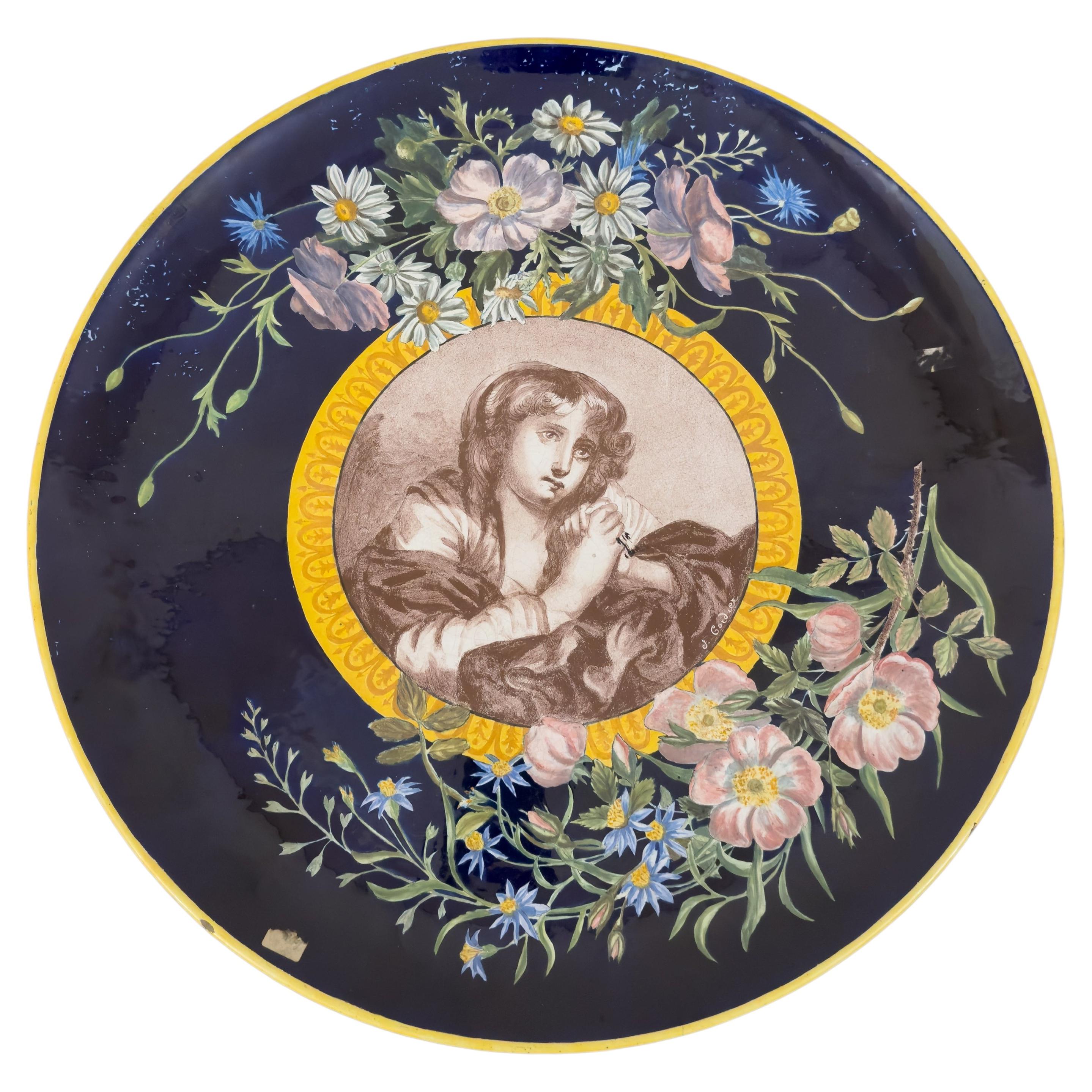 Blue Porcelain Wall Platter After Greuze, Vincennes, 18th Century For Sale