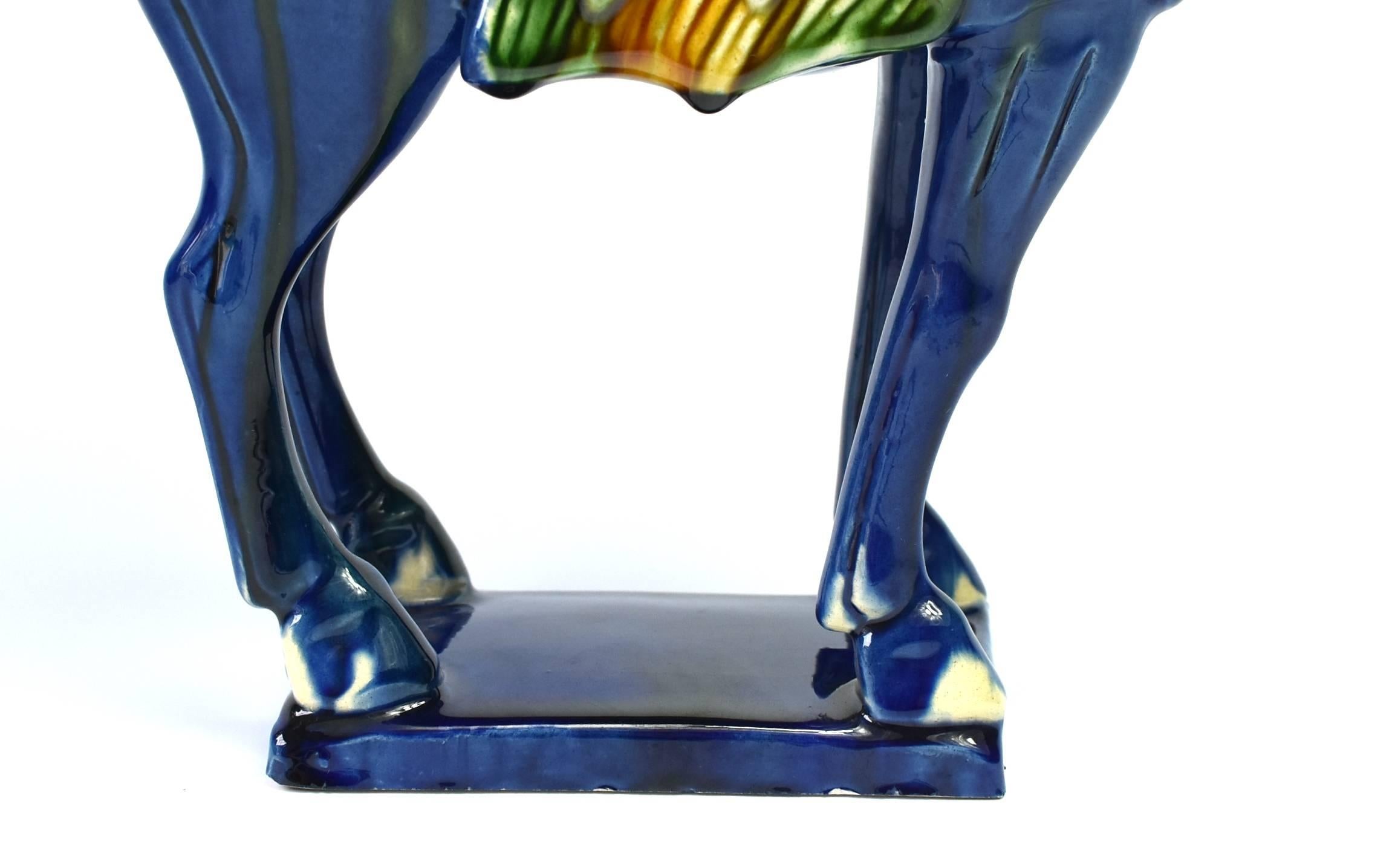 Glazed Blue Pottery Horse, Chinese San Cai Glaze