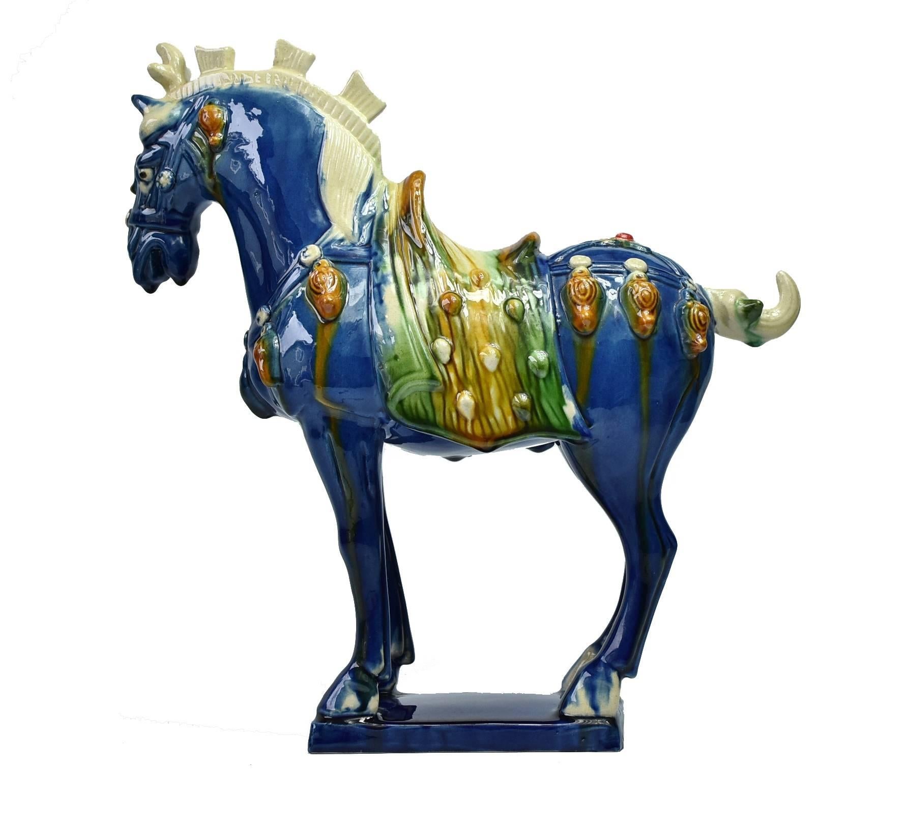 Contemporary Blue Pottery Horse, Chinese San Cai Glaze