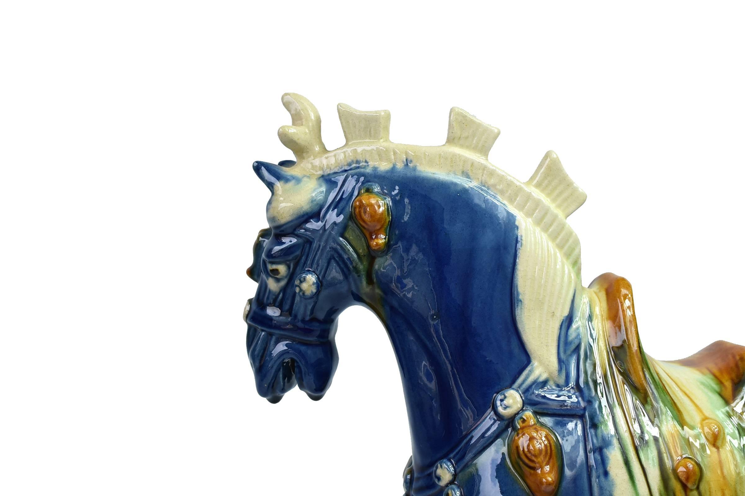 Terracotta Blue Pottery Horse, Chinese San Cai Glaze