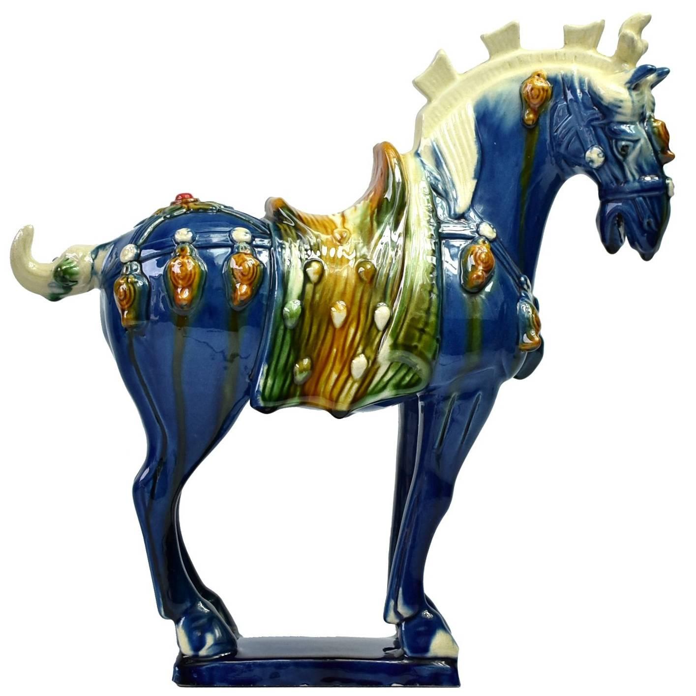 Blue Pottery Horse, Chinese San Cai Glaze
