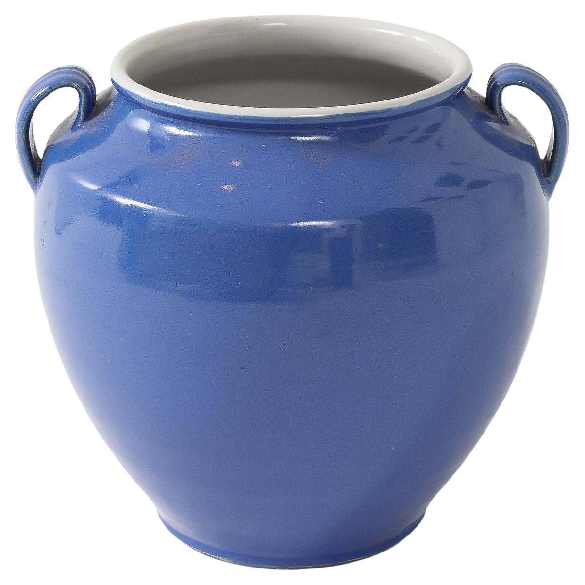 Blue Pottery Urn with Handles, France mid 20th C.