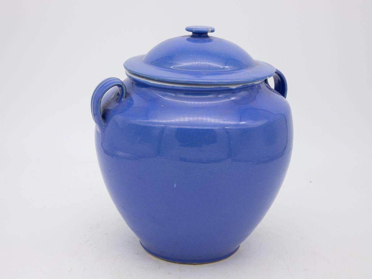 A 20th century blue pottery urn with lid or confit pot. Wear consistent with age and use.