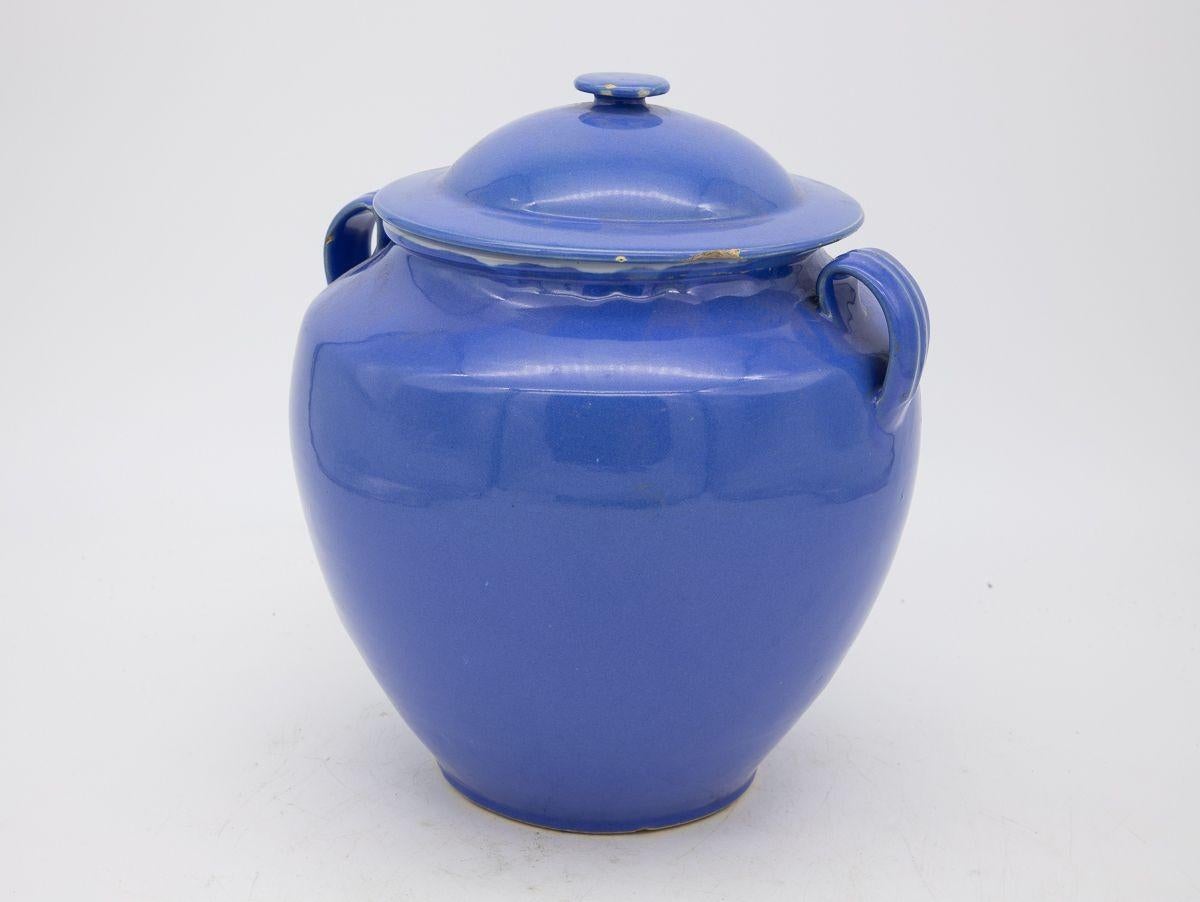 French Blue Pottery Urn with Lid and Handles For Sale