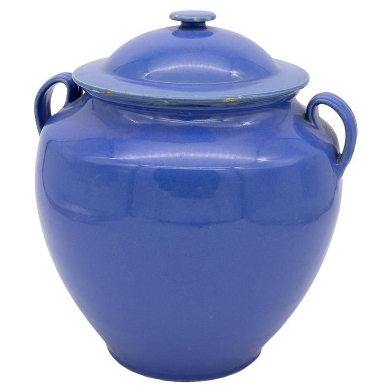 Blue Pottery Urn with Lid and Handles For Sale at 1stDibs