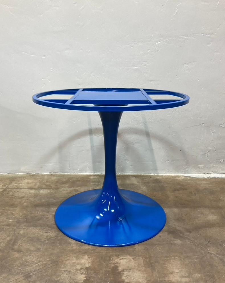 Super unique custom dining or patio table. Tulip-shaped steel base was designed and constructed in-house, then powder-coated with a bold sapphire blue. Sold as a table base without a top. Pictured in natural and artificial light in photos. 

Base