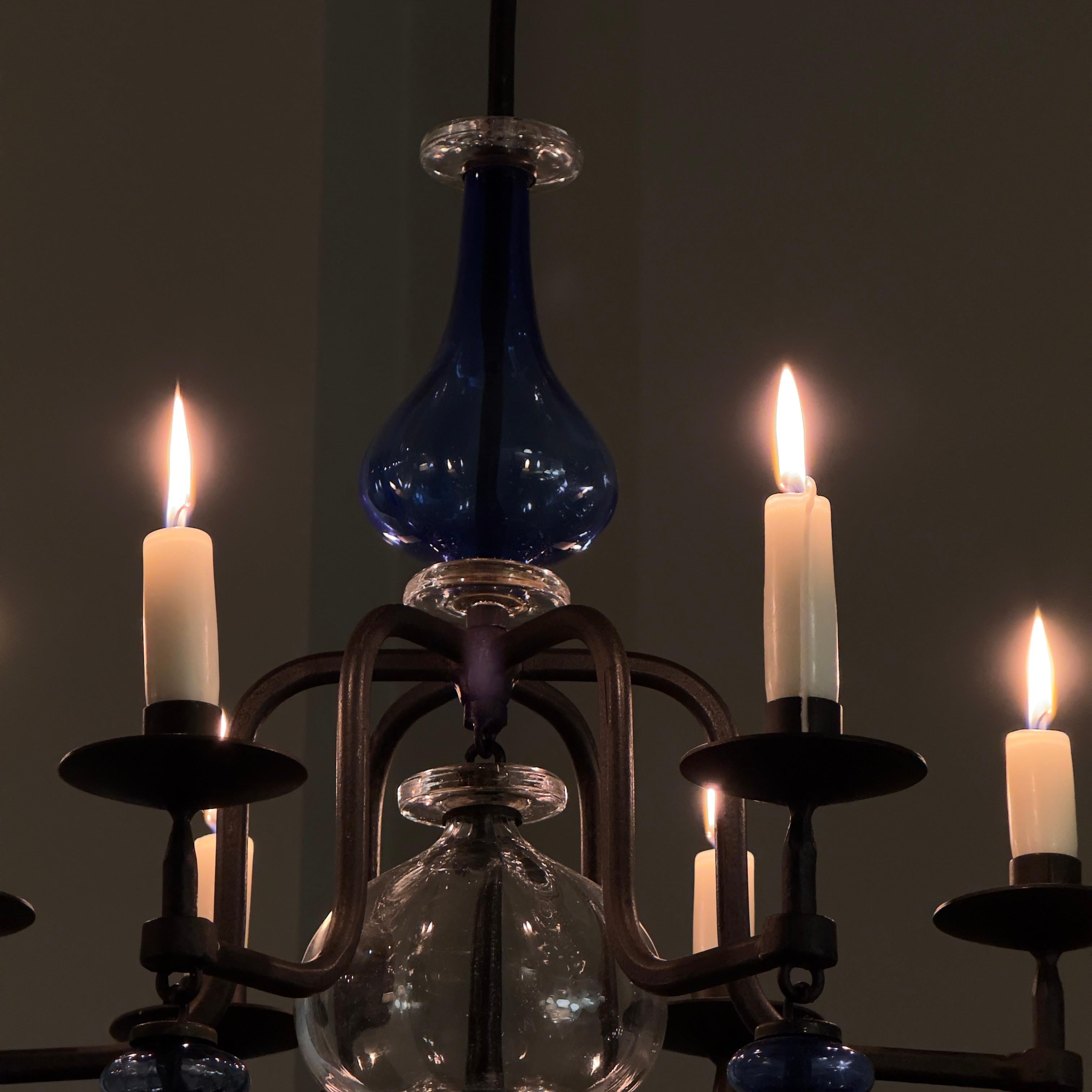 Swedish Blue Pressed Glass Chandelier Erik Höglund Sweden, 1960s For Sale
