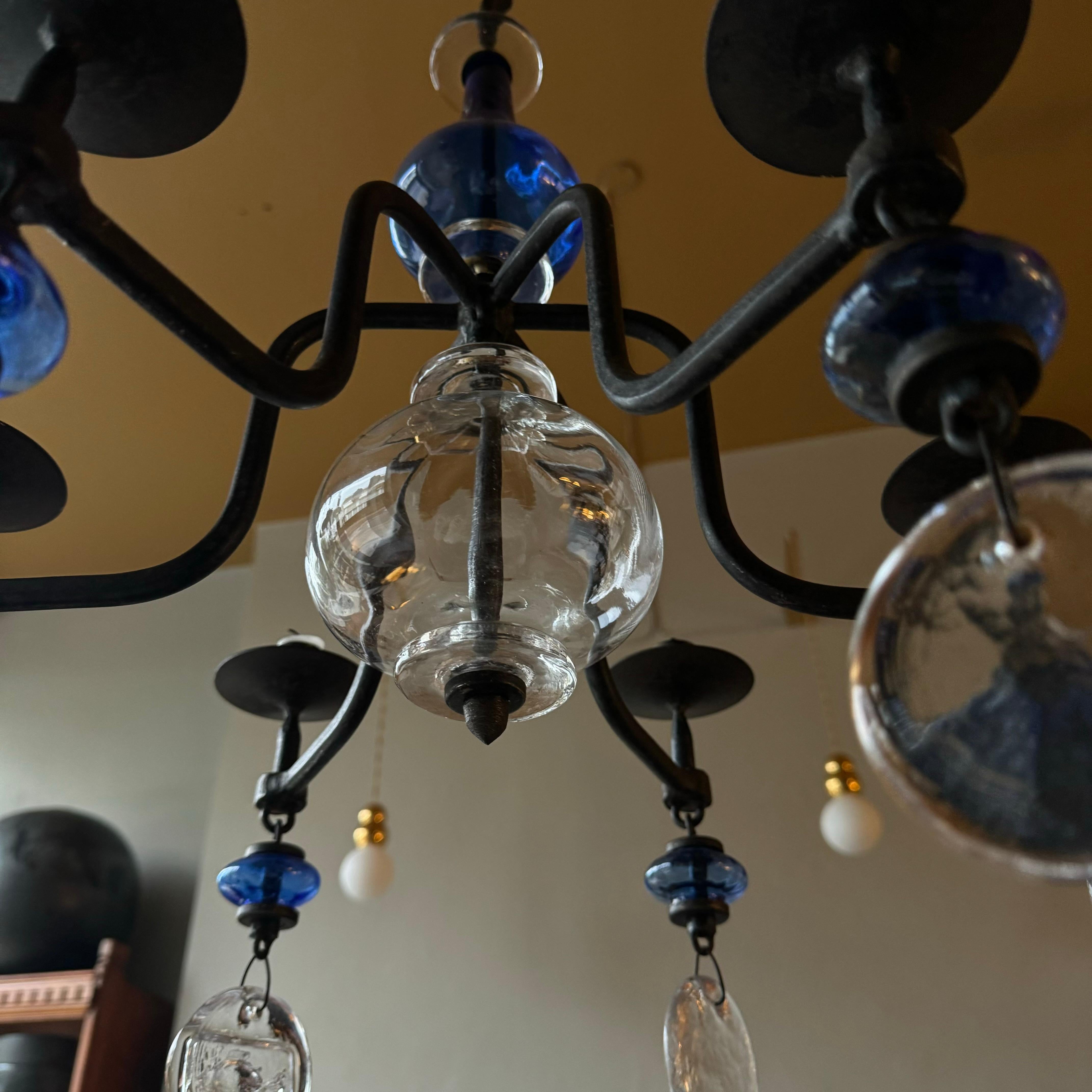 Blue Pressed Glass Chandelier Erik Höglund Sweden, 1960s For Sale 1