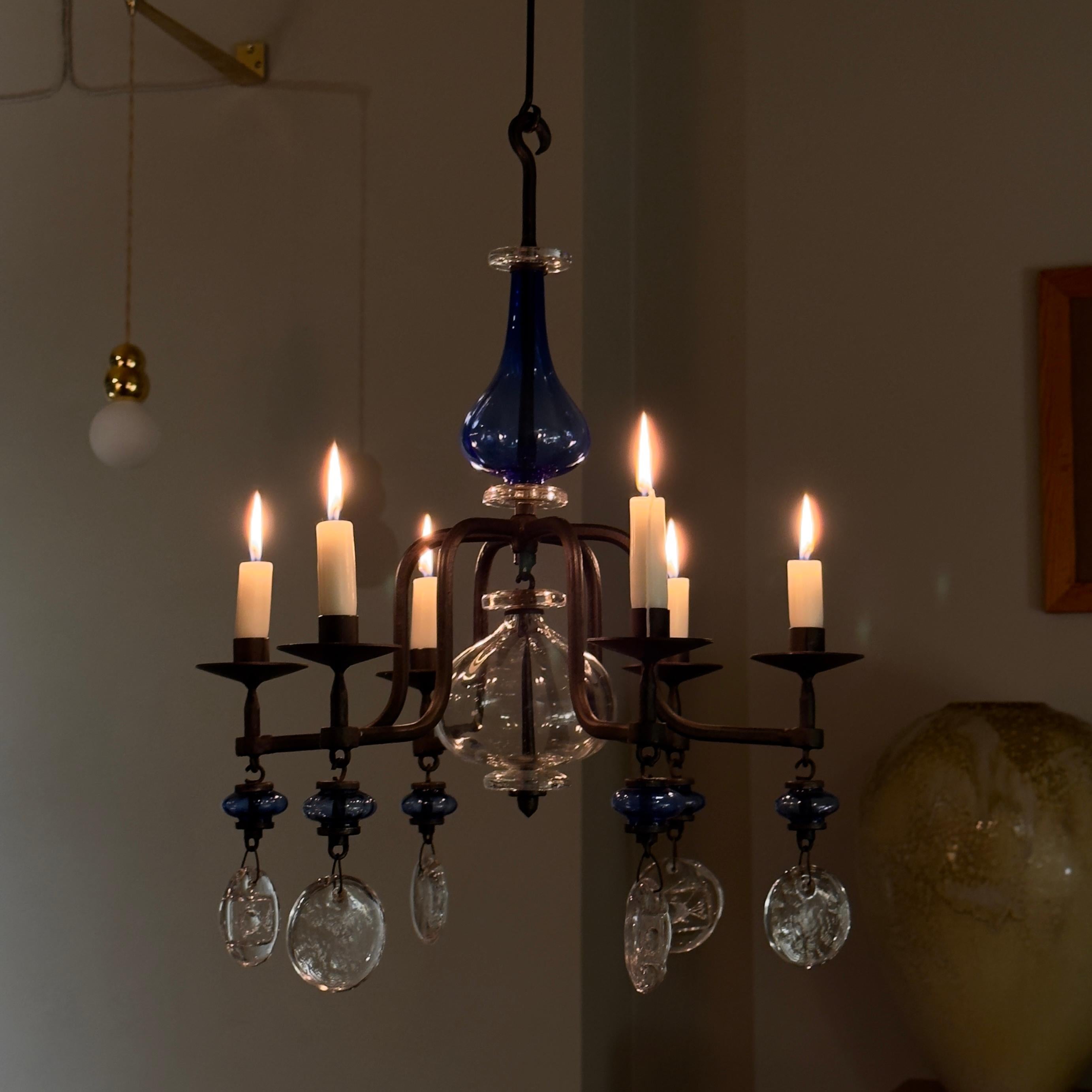 Blue Pressed Glass Chandelier Erik Höglund Sweden, 1960s For Sale 2