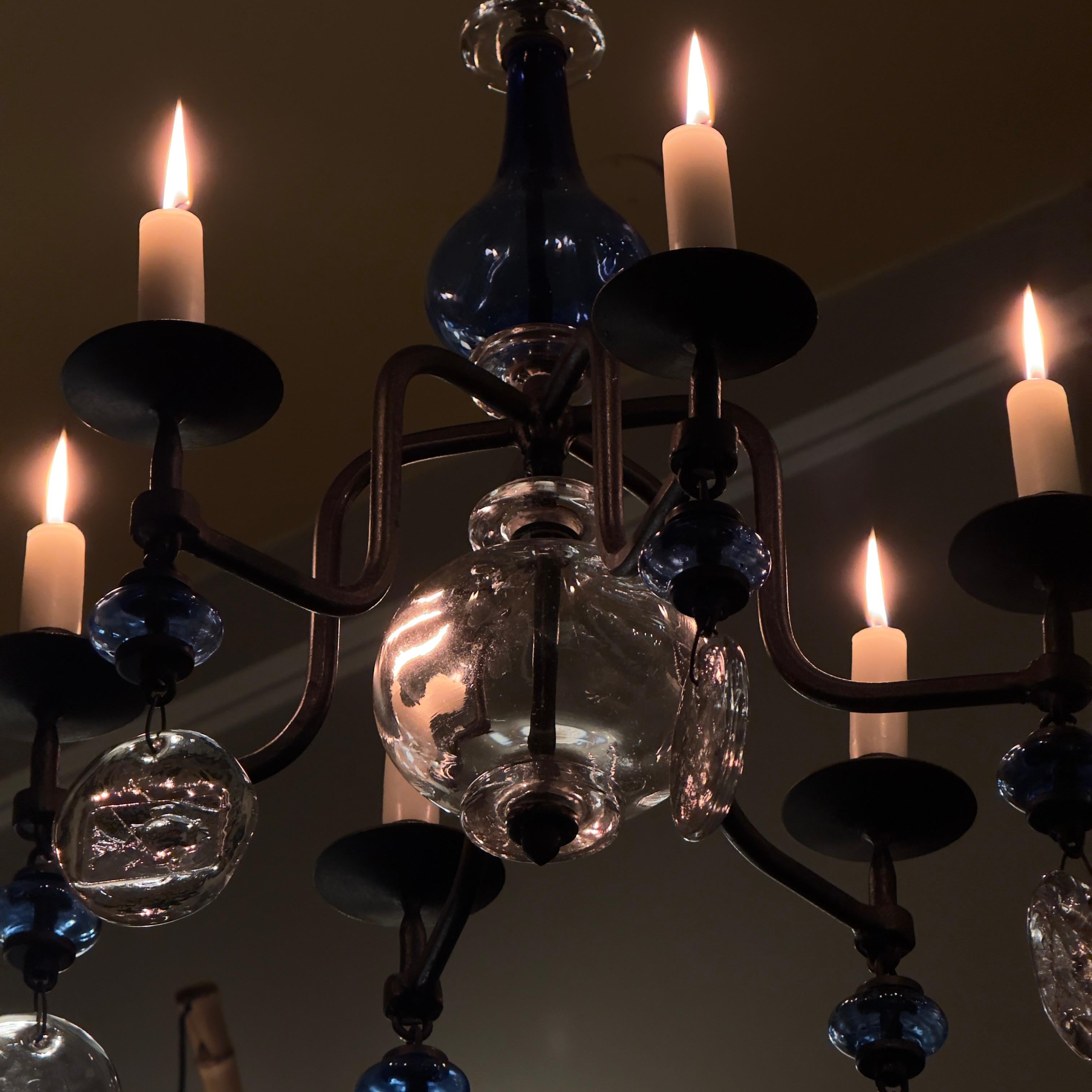 Blue Pressed Glass Chandelier Erik Höglund Sweden, 1960s For Sale 4