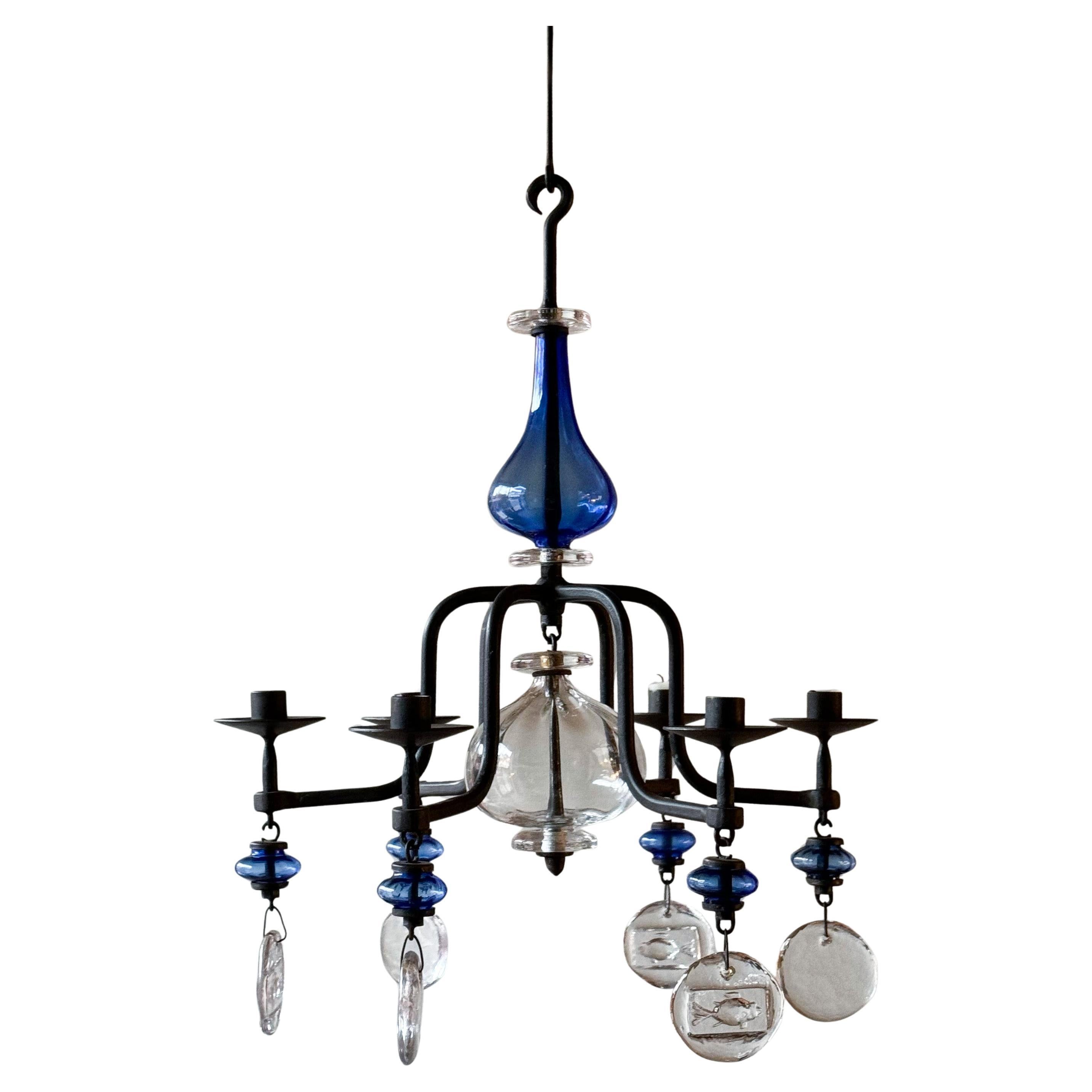 Blue Pressed Glass Chandelier Erik Höglund Sweden, 1960s