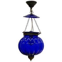 Blue Pressed Glass Pendant Lamp, 1930s