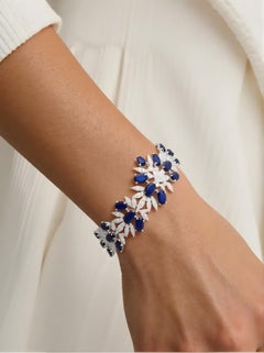 Blue Processed Gemstone Natural Diamond 14K White Gold Wide Statement Bracelet