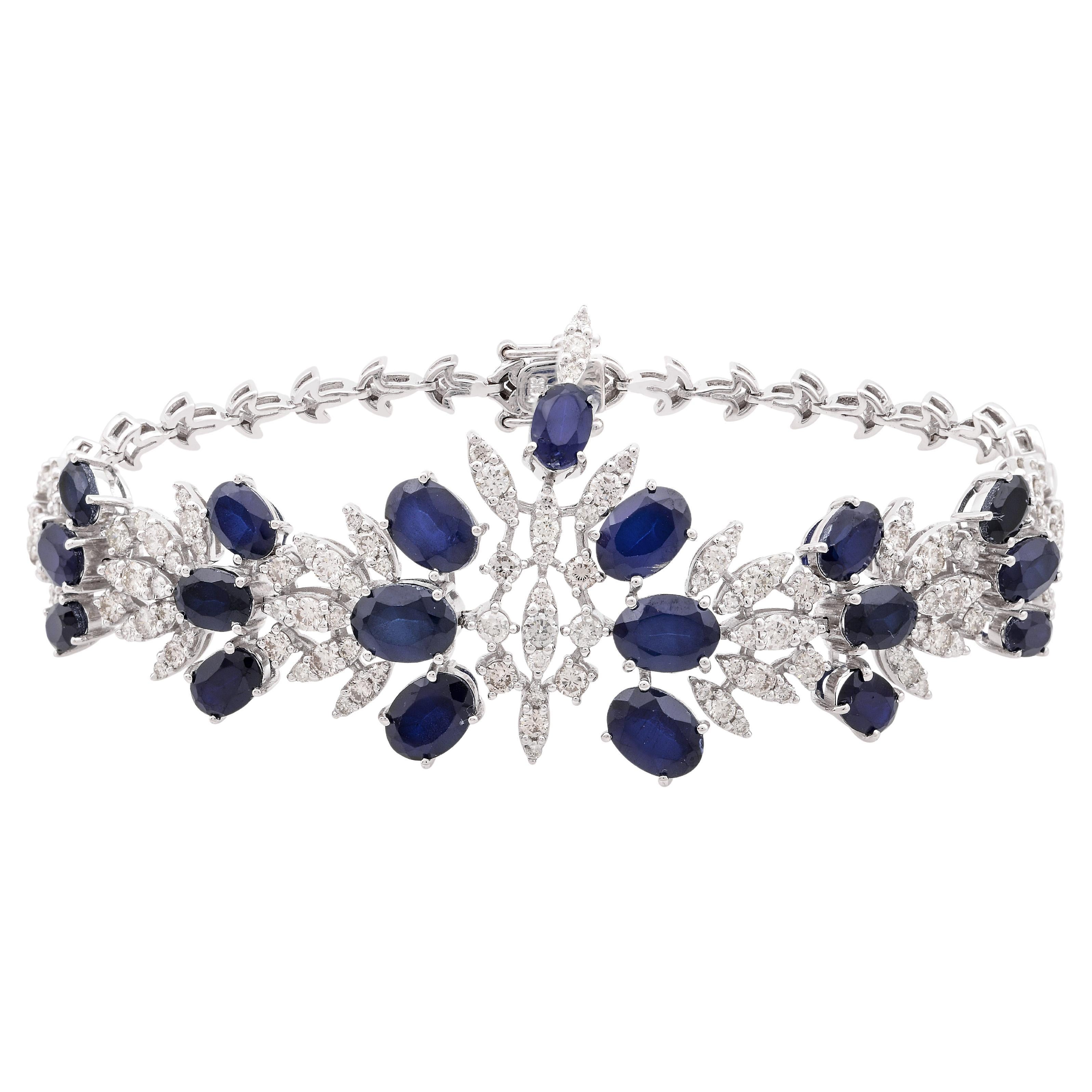 Bracelet de chaîne de mariage en or blanc 14K avec diamants naturels et pierres bleues traitées