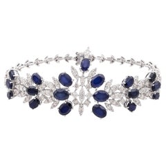 Bracelet de chaîne de mariage en or blanc 18K avec diamants naturels et pierres bleues traitées
