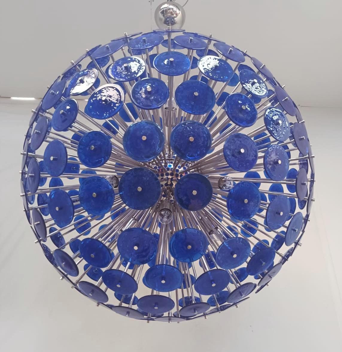 Italian Blue Pulegoso Disco Sputnik Chandelier For Sale