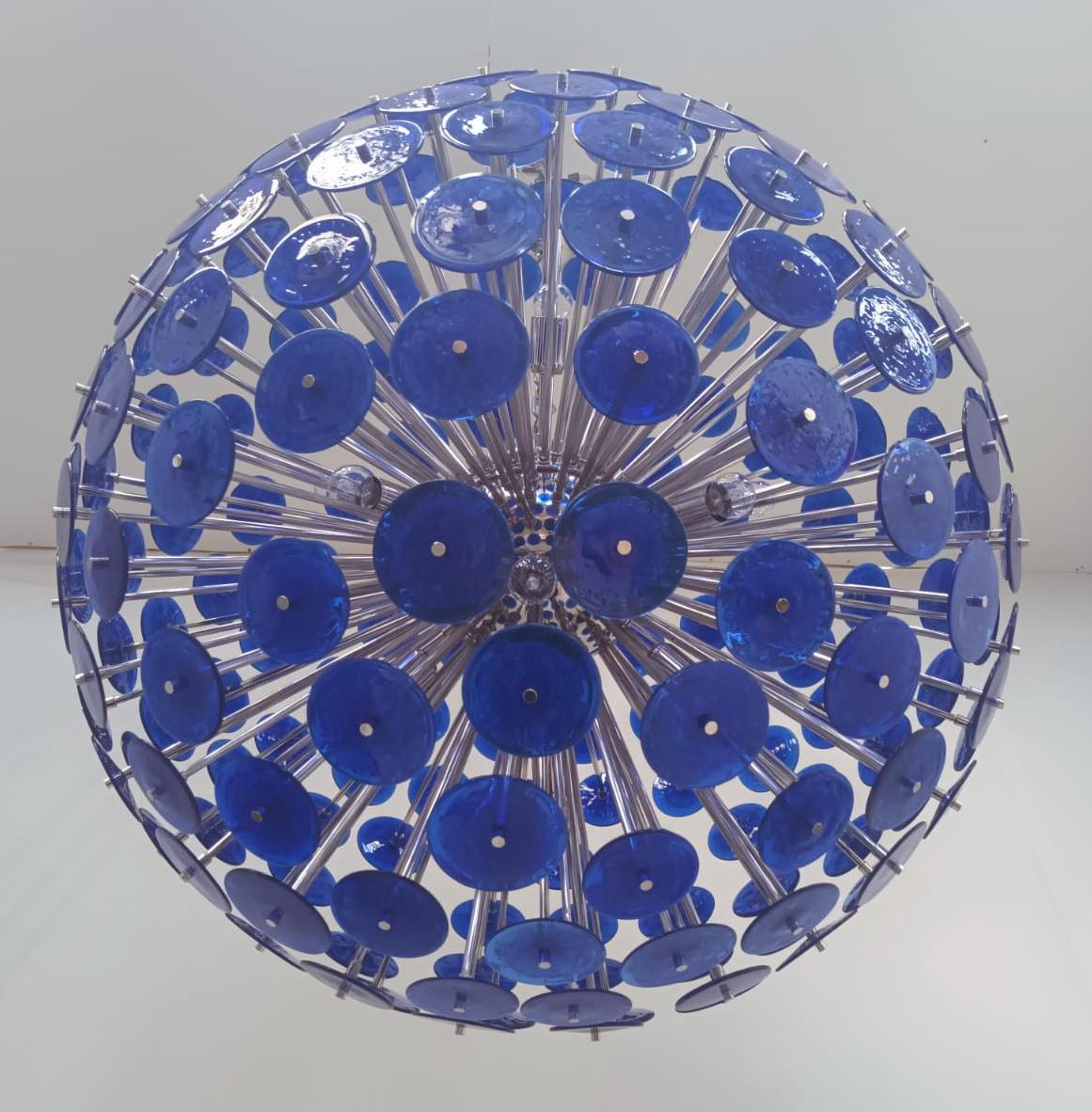 Blue Pulegoso Disco Sputnik Chandelier In New Condition For Sale In Los Angeles, CA