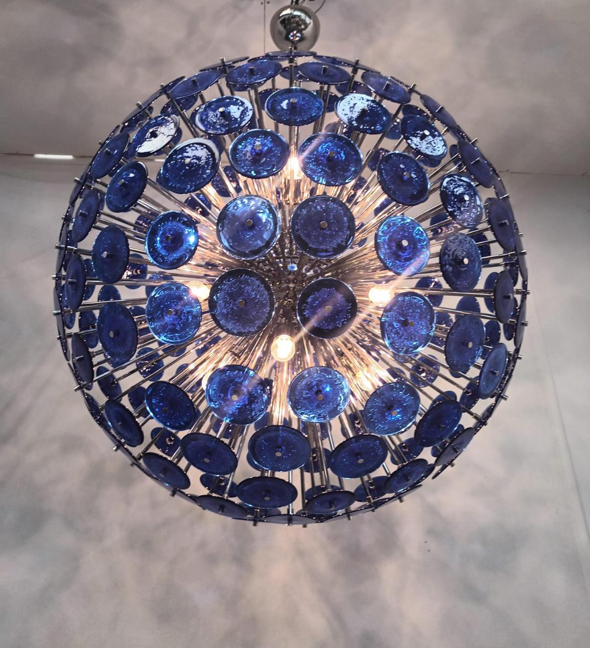 Chrome Blue Pulegoso Disco Sputnik Chandelier For Sale