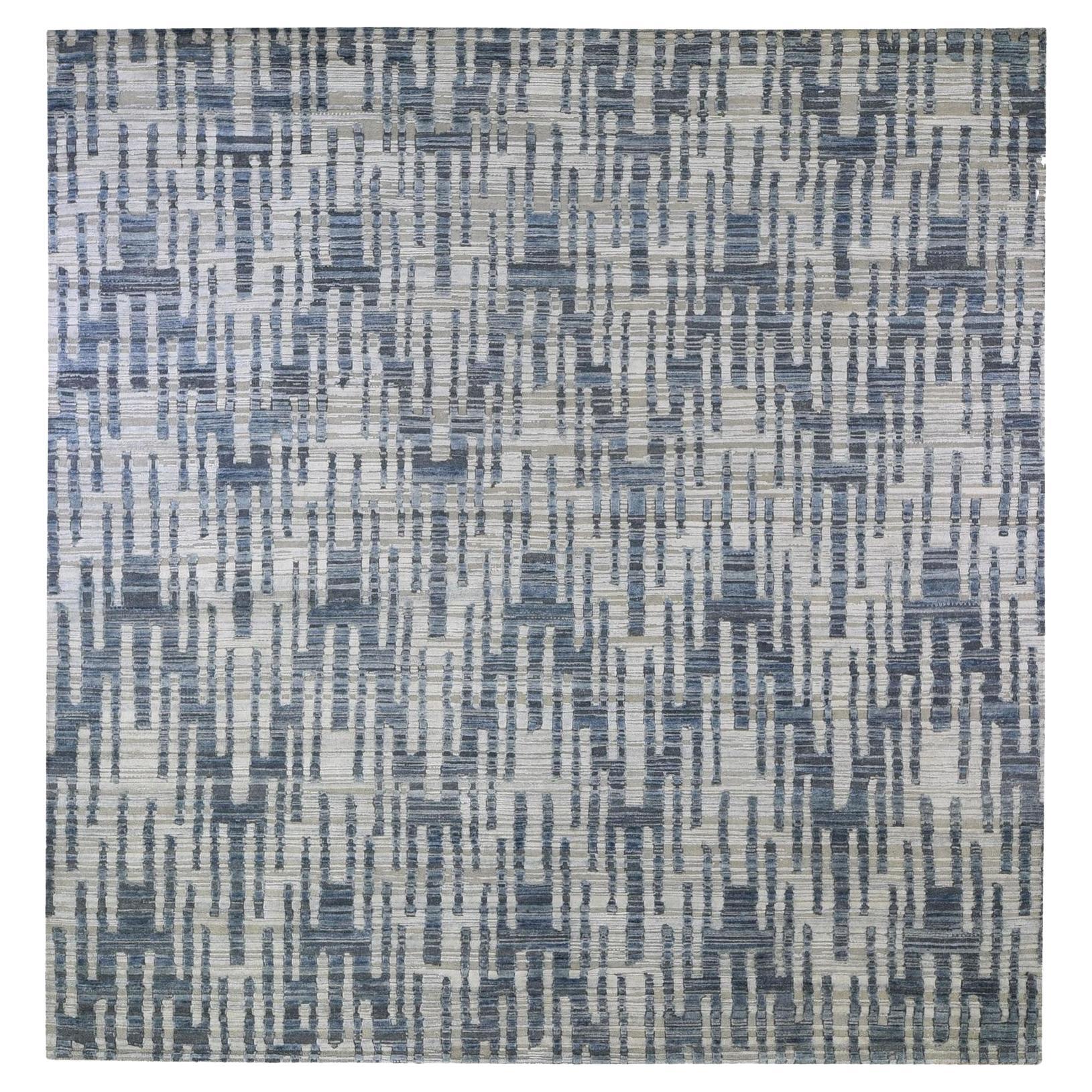 Blue Pure Silk and Textured Wool Zigzag with Graph Design Square Rug 10' x 10'