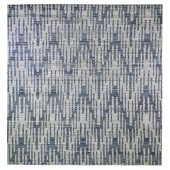 Tapis carré bleu en pure soie et laine texturée zigzag avec motif de graphisme 10' x 10'
