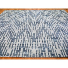 Blue Pure Silk and Textured Wool Zigzag with Graph Design Square Rug 12' x 12'